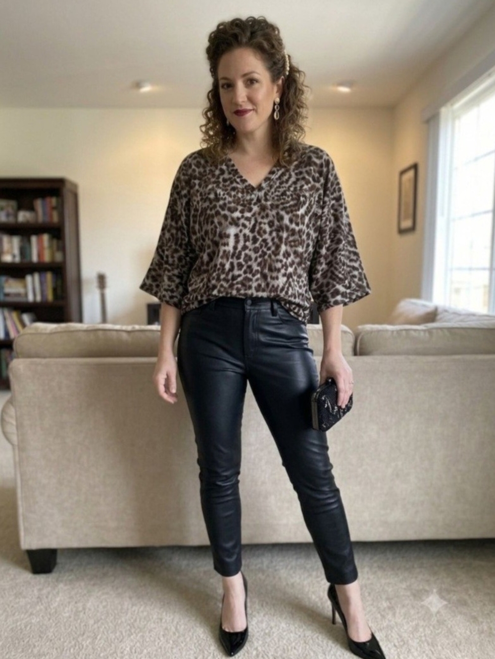 Dirty Vintage  Leopard Print V-Neck Blouse in Brown and Cream. Size M